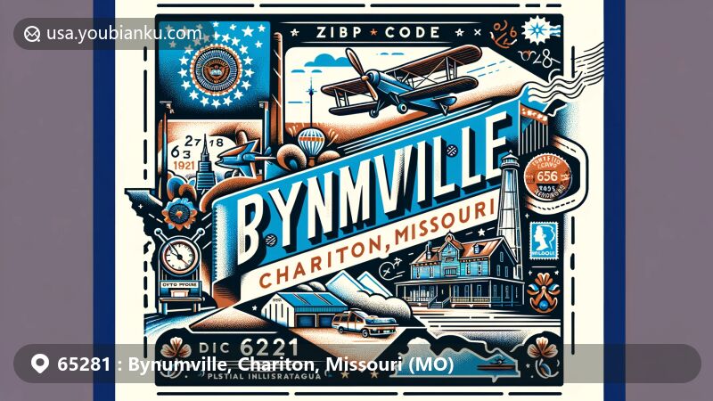 Modern illustration of Bynumville, Chariton County, Missouri, with ZIP code 65281, featuring postcard design with aviation envelope, stamps, and postmarks, incorporating Missouri and Chariton County symbols.