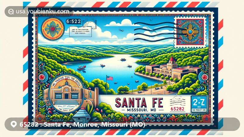 Aerial postcard-themed illustration featuring ZIP code 65282, showcasing Mark Twain Lake surrounded by lush greenery and blue sky, with subtle nods to Santa Fe, New Mexico.