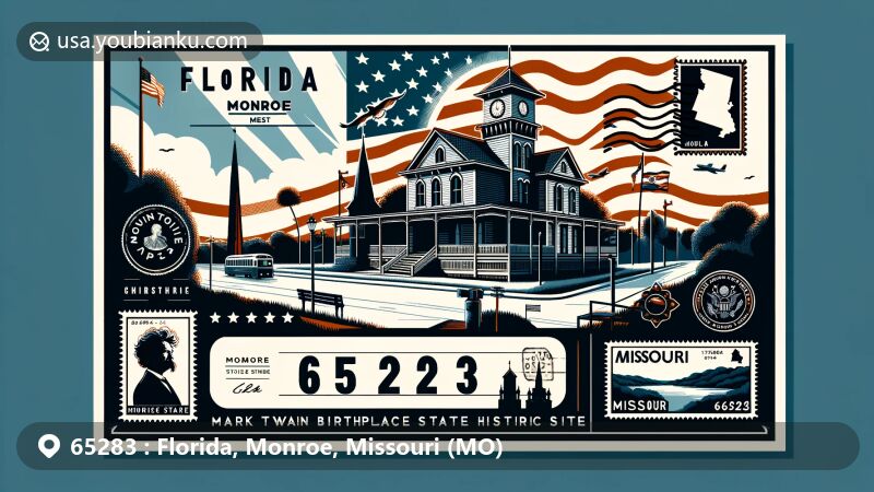 Creative postcard design for ZIP code 65283 in Florida, Monroe County, Missouri, featuring Mark Twain Birthplace State Historic Site, Missouri state flag, and postal theme.
