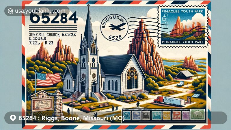 Modern illustration of Riggs, Boone County, Missouri, focusing on Riggs Union Church and Pinnacles Youth Park's unique rock formations, embodying community spirit and natural beauty.