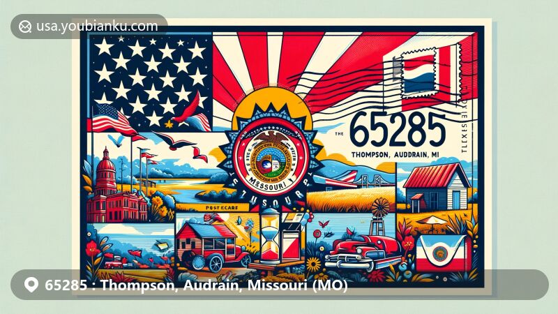 Modern illustration of Thompson, Audrain County, Missouri, with ZIP code 65285, showcasing Missouri state flag and local landmarks in a vibrant, artistic style.