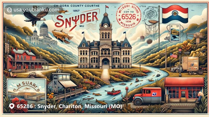 Modern illustration of Snyder, Chariton, Missouri, featuring second Chariton County Courthouse with rich history, Chariton River Hills landscape, Missouri state flag, and nostalgic postal elements.