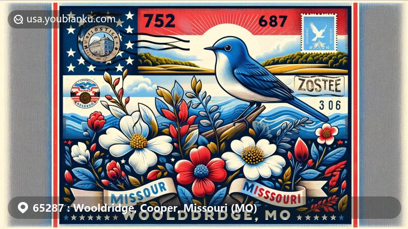 Creative postcard illustration for ZIP code 65287 in Wooldridge, Missouri, featuring state symbols and rural landscape of Cooper County.