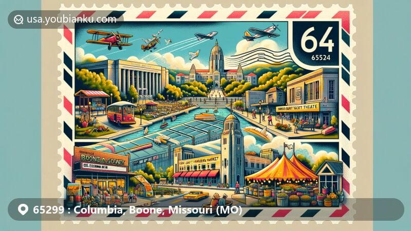 Modern illustration of Columbia, Boone County, Missouri, showcasing ZIP code 65299, featuring University of Missouri, Missouri Theatre, Ellis Library, BoatHenge, Boone County Farmers Market, and Warm Springs Ranch.