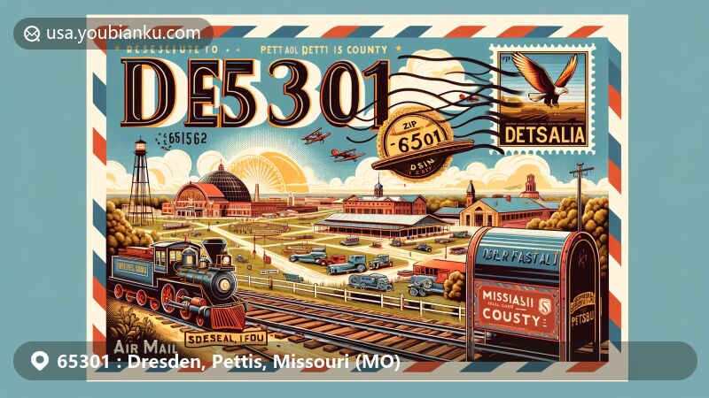 Modern illustration of Dresden area in Pettis County, Missouri, highlighting Sedalia, Missouri State Fairgrounds, Pettis County Museum, and postal theme with ZIP code 65301, featuring vintage air mail envelope design.