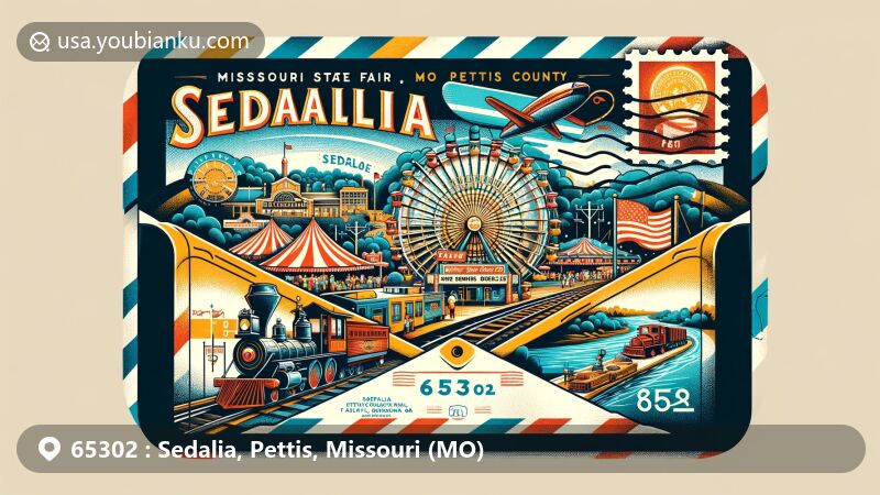 Creative illustration of Sedalia, Pettis County, Missouri, capturing the essence of ZIP code 65302 with vibrant imagery of a modern air mail envelope unveiling Sedalia's attractions, including the Missouri State Fair, historic railhead, cattle drive routes, vintage trains, Katy Trail, and Pettis County's geography.