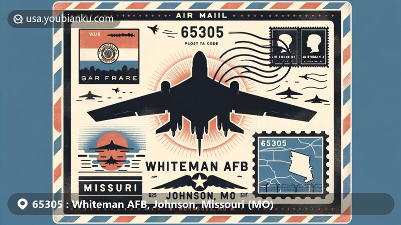 Modern illustration of Whiteman AFB, Johnson, MO, featuring a B-2 Spirit bomber silhouette in the sky, along with Missouri state flag integration. Postcard-style design with postal elements like stamps and postmarks, showcasing ZIP Code 65305.