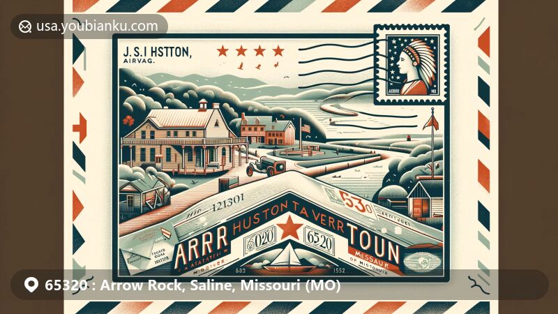 Modern illustration of Arrow Rock, Missouri, with a decorative airmail envelope featuring ZIP code 65320 and stamp of J. Huston Tavern, depicting the area's rich history. Background showcases village and Missouri River, incorporating state flag and postmark elements.
