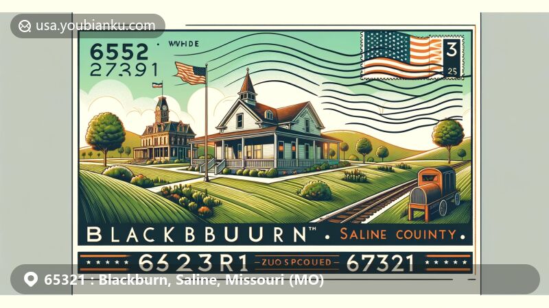 Modern illustration of Blackburn, Saline County, Missouri, highlighting postal theme with ZIP code 65321, featuring regional landscape with gentle hills and greenery, vintage postcard design with state and national flags.
