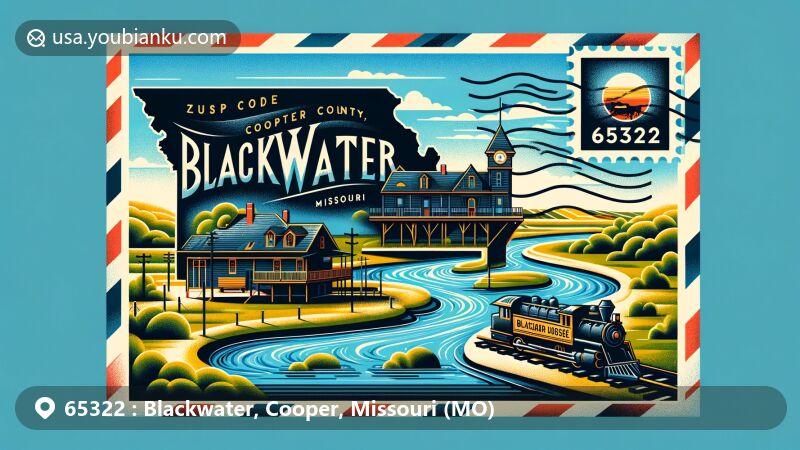 Modern illustration of Blackwater, Cooper County, Missouri, with ZIP code 65322, featuring Blackwater River, Iron Horse Hotel, and Missouri state outline, incorporating postal elements and historic railroad station.