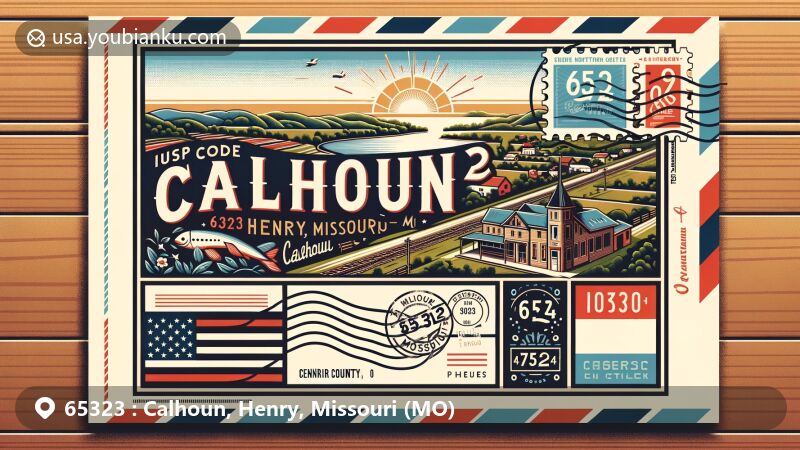 Modern illustration of Calhoun, Henry County, Missouri, showcasing postal theme with ZIP code 65323, featuring geographical outline, rural landscape, American elements, and vintage postcard design.