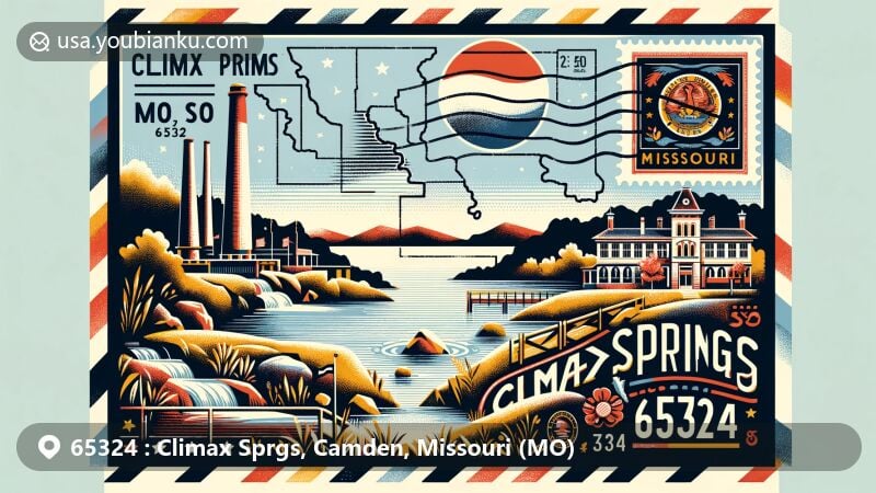 Modern illustration of Climax Springs, Camden, Missouri, featuring postal theme with ZIP code 65324, incorporating elements like Missouri state flag, Camden County outline, and iconic images of Lake of the Ozarks.