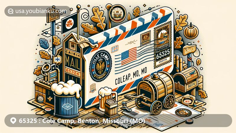 Modern illustration of Cole Camp, MO 65325, highlighting postal theme with airmail envelope, German heritage symbols, Oktoberfest elements, and vintage mail carriage.
