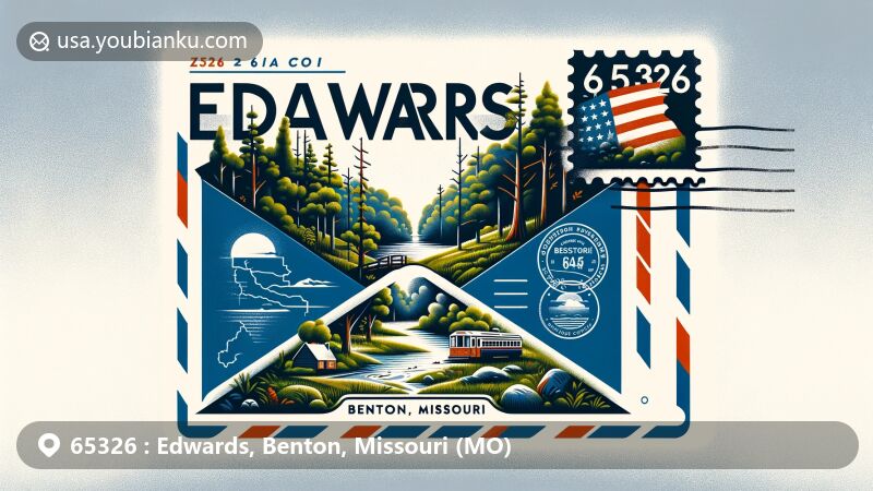 Creative modern illustration of ZIP Code 65326, Benton County, Edwards, Missouri, featuring air mail envelope with wooded wilderness inside. Envelope showcases '65326' ZIP Code, Missouri state flag stamp, and Benton County map outline.