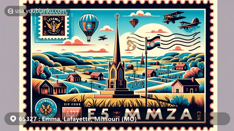 Modern illustration of Emma, Lafayette County, Missouri, with ZIP code 65327, showcasing Holy Cross Lutheran Cemetery and elements of tight-knit community including quaint houses, local farms, and peaceful countryside.