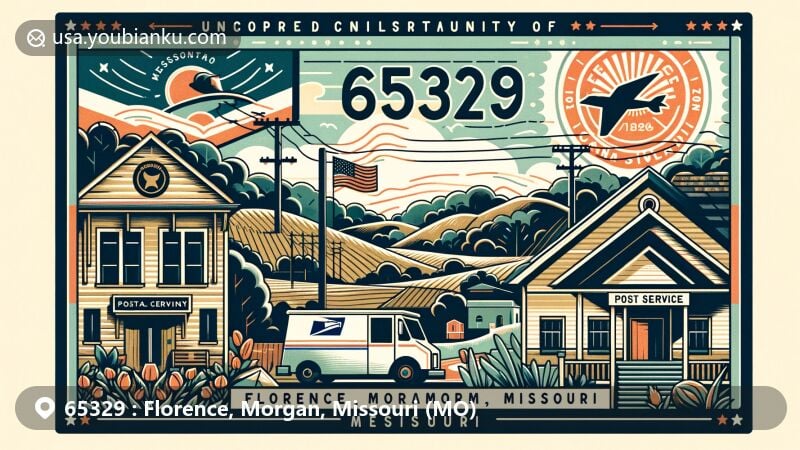 Modern illustration of Florence, Morgan County, Missouri, representing ZIP code 65329, blending local culture and postal themes in a vibrant style, featuring rural landscapes and vintage postal elements.