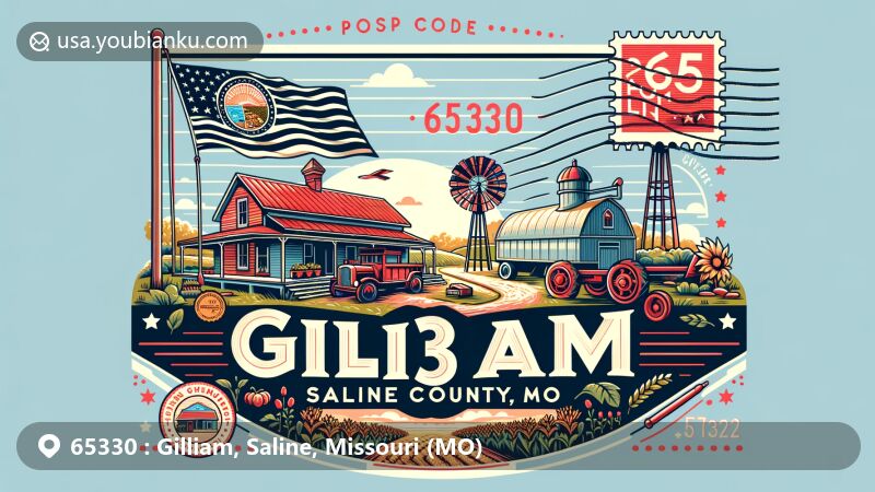 Modern illustration of Gilliam, Saline County, Missouri, showcasing postal theme with ZIP code 65330, featuring iconic Missouri state symbols and local rural elements.