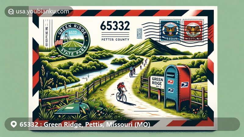 Modern illustration of Green Ridge, Pettis County, Missouri, inspired by ZIP Code 65332, featuring Katy Trail State Park scenery with cyclists and lush greenery, incorporating Missouri state flag and Pettis County map, showcasing air mail envelope with vintage postage stamp, postmark, and red postbox.