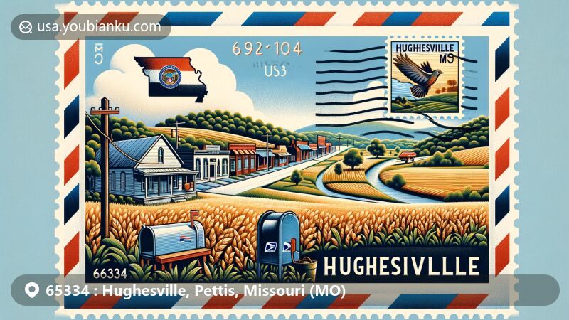 Modern illustration of Hughesville, Pettis County, Missouri, showcasing postal theme with 65334 ZIP code, featuring rural landscape with small-town main street, park, and Missouri state flag.
