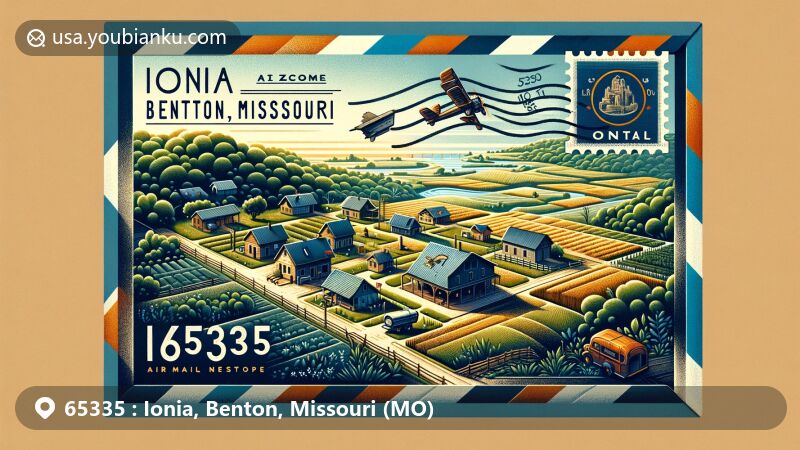 Modern illustration of Ionia, Benton County, Missouri, capturing the serene rural charm of the village with small houses and local flora on the backdrop of an airmail envelope featuring stamp, postmark '65335 Ionia, Benton, Missouri,' and postal symbols.