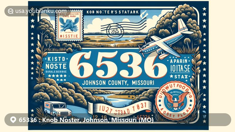 Modern illustration of Knob Noster, Johnson County, Missouri, blending natural beauty with Knob Noster State Park's oak woodlands and prairies, alongside military connection to Whiteman Air Force Base, featuring vintage airmail envelope and postal stamp with ZIP code 65336.
