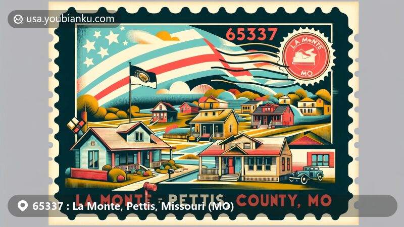 Modern illustration of La Monte, Pettis County, Missouri, showcasing postal theme with ZIP code 65337, featuring diverse community and Missouri state symbols.
