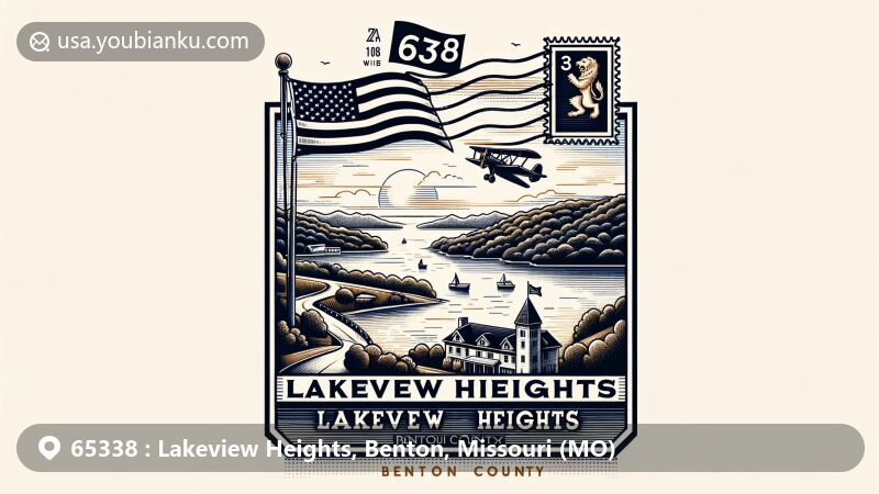 Modern illustration of Lake of the Ozarks, Lakeview Heights, Missouri, combining scenic beauty with postal theme showcasing ZIP code 65338, featuring creatively designed air mail envelope or postcard with Missouri state flag.
