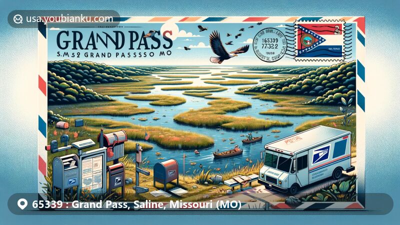 Modern illustration of Grand Pass, Saline County, Missouri, with ZIP code 65339, highlighting the Grand Pass Conservation Area and Missouri River bottomlands.