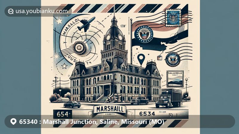 Modern illustration of Marshall Junction, Saline, Missouri showcasing postal theme with ZIP code 65340, featuring Saline County Courthouse, Missouri flag, map outline, and vintage postage elements.