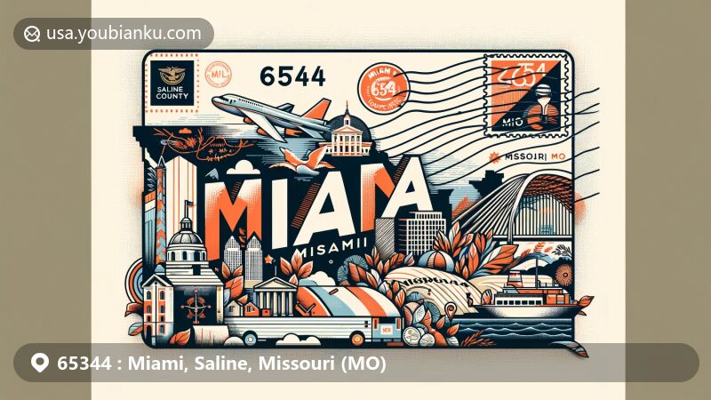 Modern illustration of Miami, Saline County, Missouri (MO), showcasing postal theme with ZIP code 65344, including local landmarks and symbols, vintage air mail elements, stamps, and a postmark.