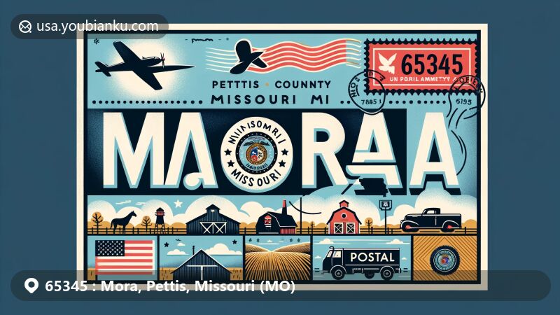 Modern illustration of Mora, Pettis County, Missouri, showcasing postal theme with ZIP code 65345, featuring Missouri state flag and Benton County outline.