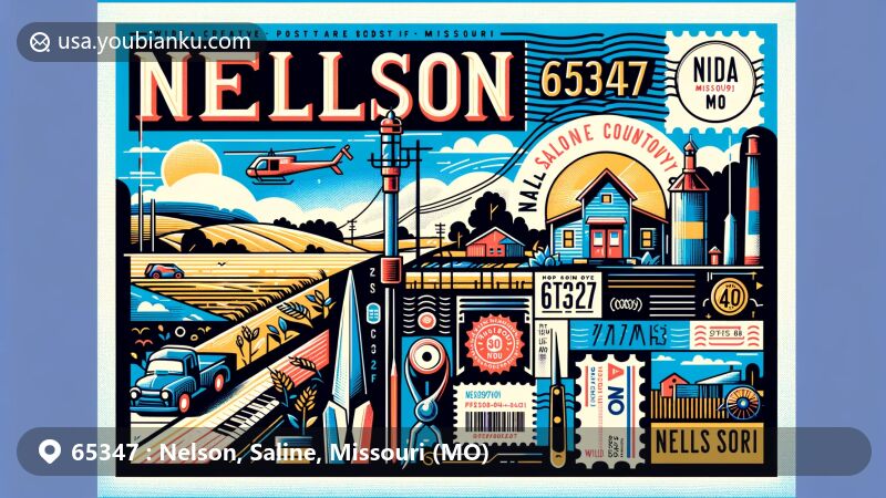 Modern illustration of Nelson, Saline County, Missouri, featuring ZIP code 65347 and rural landscape, incorporating postal elements like a postage stamp and postmark.