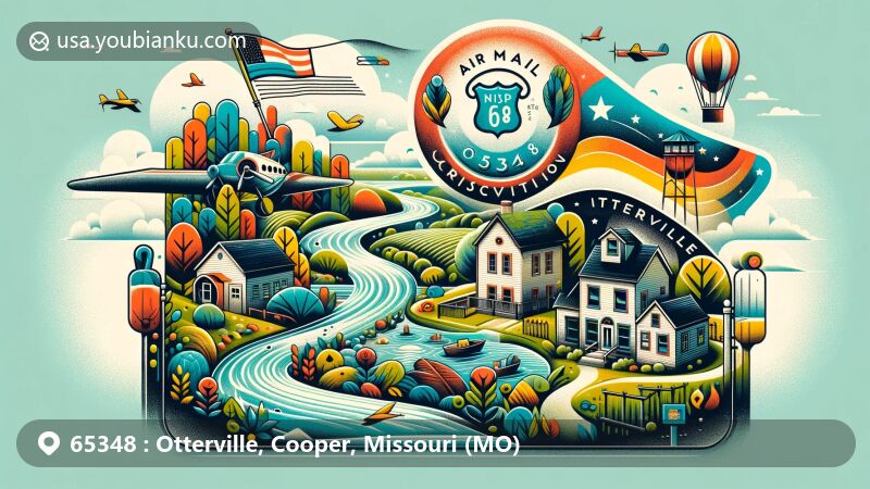 Modern illustration of Otterville, Missouri, depicting ZIP code 65348 with creative air mail envelope representing local postal identity and geography, adorned with Missouri state flag elements.