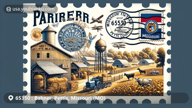 Modern wide-format illustration of Bahner, Pettis County, Missouri, celebrating ZIP code 65350 with a vintage air mail theme, featuring Missouri State Fair elements, rural life, and artistic stamps.