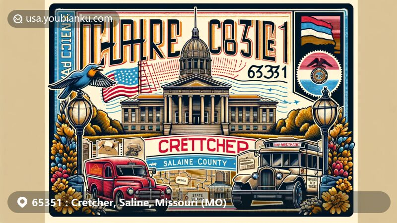 Modern illustration of Cretcher, Saline County, Missouri, featuring iconic Saline County Courthouse, Missouri state symbols, detailed outline of Missouri, and vintage postal elements like postage stamp with ZIP code 65351.