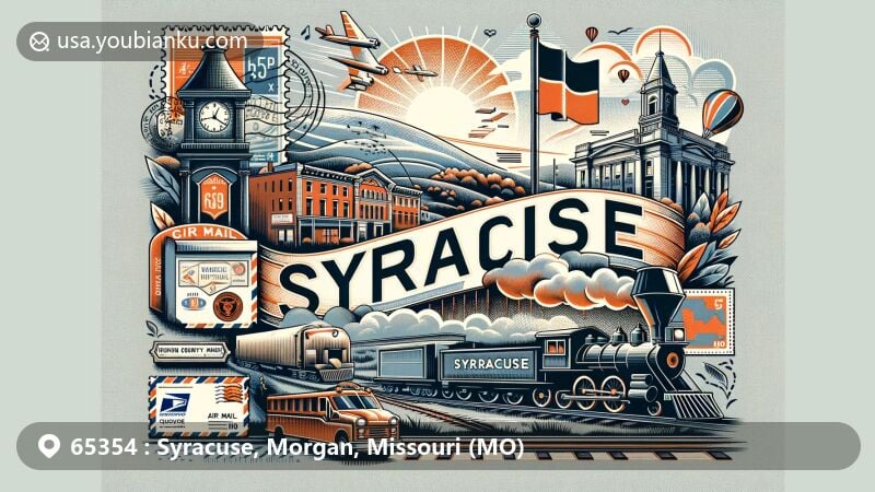 Modern illustration of Syracuse, Morgan County, Missouri, highlighting postal theme with ZIP code 65354, featuring vintage postage stamp, air mail envelope, and postmark. Includes Missouri state flag, Morgan County outline, and railway history elements.