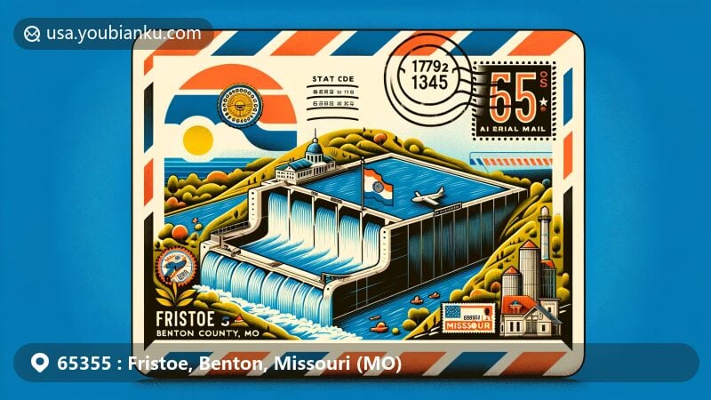 Modern illustration of Fristoe, Benton County, Missouri, showcasing postal theme with ZIP code 65355, featuring Harry S Truman Reservoir and Missouri state symbols.