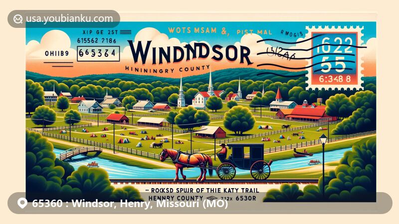 Modern illustration of Windsor, Henry County, Missouri, highlighting Farrington Park's scenic beauty, Katy Trail, Rock Island Spur intersection, and Amish horse and buggy, with a vintage postal theme featuring ZIP code 65360.