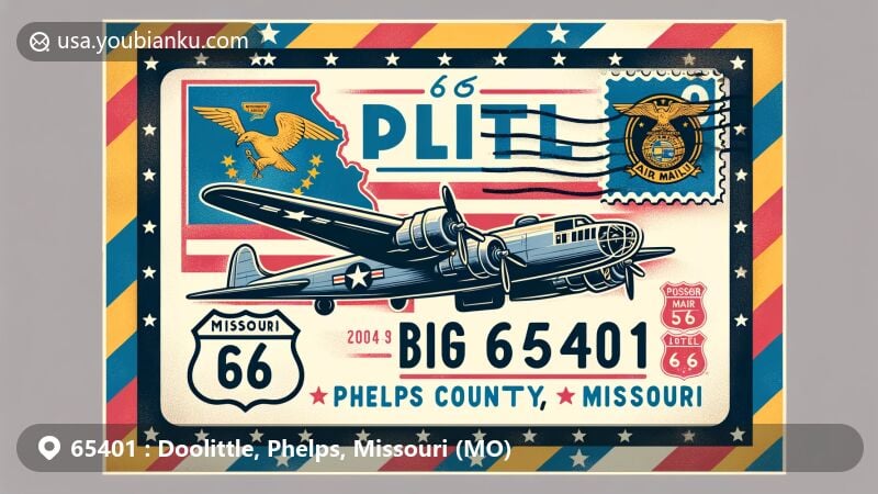 Modern illustration of Doolittle, Phelps County, Missouri, featuring a vintage air mail envelope with Missouri flag, Phelps County outline, B-25 bomber airplane, and Route 66 signage.