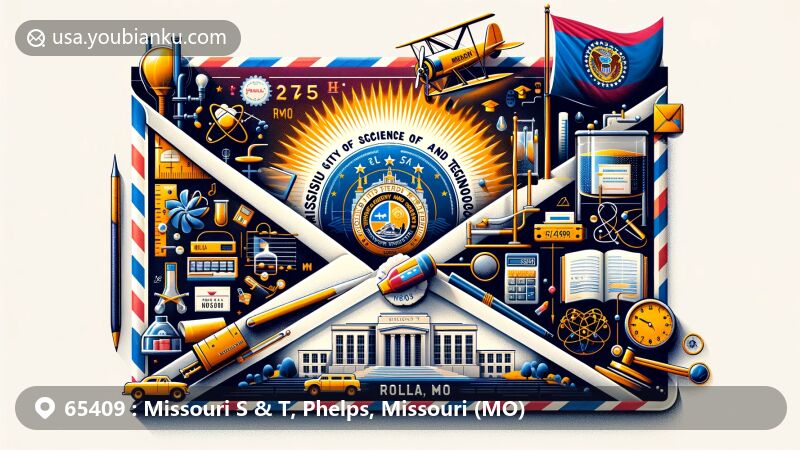 Illustration of Missouri University of Science and Technology and Rolla, Missouri, showcasing education and technology focus. Featuring an unfolded airmail envelope adorned with Missouri state flag, Phelps County outline, and symbols of university engineering and science emphasis. Stamp corner highlights 65409 ZIP code and incorporates university emblem or engineering-related symbolic design. Includes postmark with 'Rolla, MO' and date, along with vintage mail truck or mailbox symbolizing knowledge and information transmission. Creative and web-friendly design emphasizing educational and technological significance of the region.