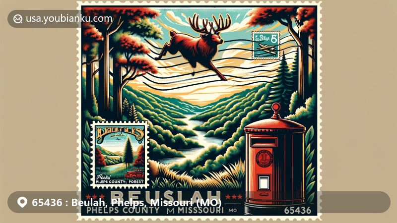 Modern illustration of Beulah area, Phelps County, Missouri, showcasing postal theme with ZIP code 65436, featuring Mark Twain National Forest and vintage postcard design.