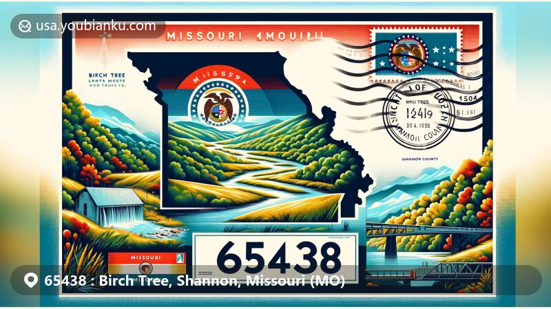 Modern illustration of Birch Tree, Missouri, displaying ZIP code 65438, featuring Missouri state flag, Shannon County outline, and scenic Ozarks landscapes.