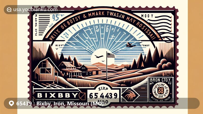 Modern illustration of Bixby, Iron County, Missouri, presenting a creative postal theme with ZIP code 65439, featuring local geography, including Routes 32 and 49 intersection, Mark Twain National Forest, vintage postal elements, and Iron County's silhouette.