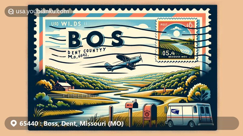 Modern illustration of Boss, Dent County, Missouri, featuring airmail envelope with ZIP code 65440, classic American mailbox and mail van, and rural scenery on postage stamp.