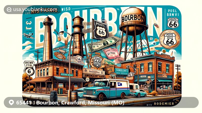 Modern illustration of Bourbon, Crawford County, Missouri, highlighting postal theme with ZIP code 65441, featuring historic water tower, new and old Bourbon water tanks, and Route 66 landmarks like Sweeney's Cafe and Roedemeier's Garage.