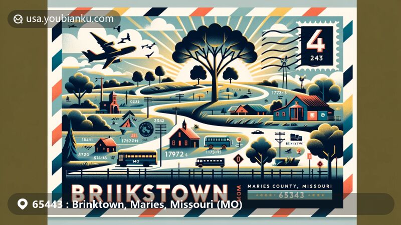 Modern illustration of Brinktown, Maries County, Missouri, showcasing postal theme with ZIP code 65443, featuring scenic landscape and rural character.