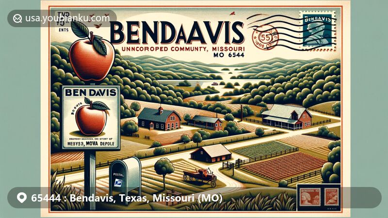 Modern illustration of Bendavis, Missouri, in Texas County, resembling a vintage postcard with Ben Davis apple, mailbox, and postal stamps, displaying 'Bendavis, MO 65444' in elegant font.