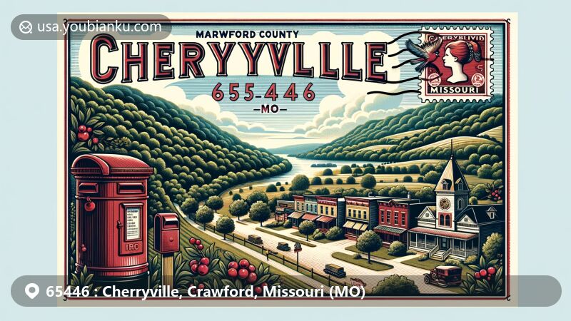 Vintage-style illustration of Cherryville, Crawford County, Missouri, representing ZIP code 65446, featuring Mark Twain National Forest scenery, elegant typography, red mailbox, postmark, and postage stamps with Missouri symbols.