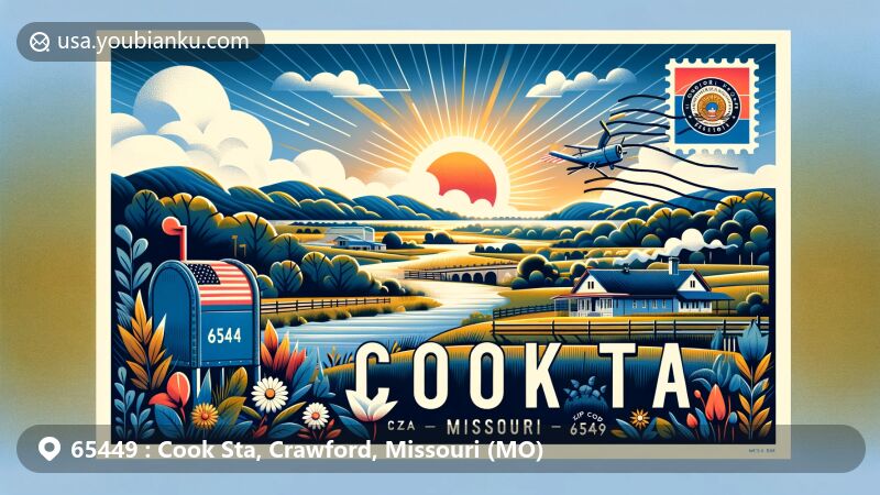 Modern illustration of Cook Sta, Crawford County, Missouri, with ZIP code 65449, integrating natural landscapes, small-town tranquility, and postal elements like postage stamp, postmark, and modern mailbox, with subtle Missouri state flag in the background.