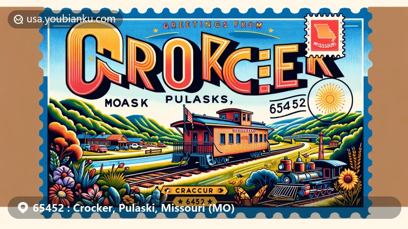 Modern illustration of Crocker, Pulaski County, Missouri, showcasing Frisco Railroad Caboose and Ozarks' natural beauty, with local flora and fauna, 'Greetings from Crocker, MO 65452' in bold font, and vintage postal elements.